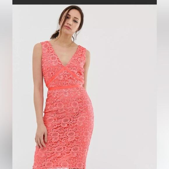 ASOS | Paper Dolls V Neck Lace Pencil Dress in Coral Size 8 - Picture 16 of 16